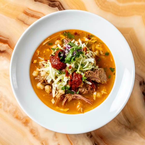Pozole Rojo, a Mexican stew with pork, hominy, red chili sauce, cabbage, and cilantro.