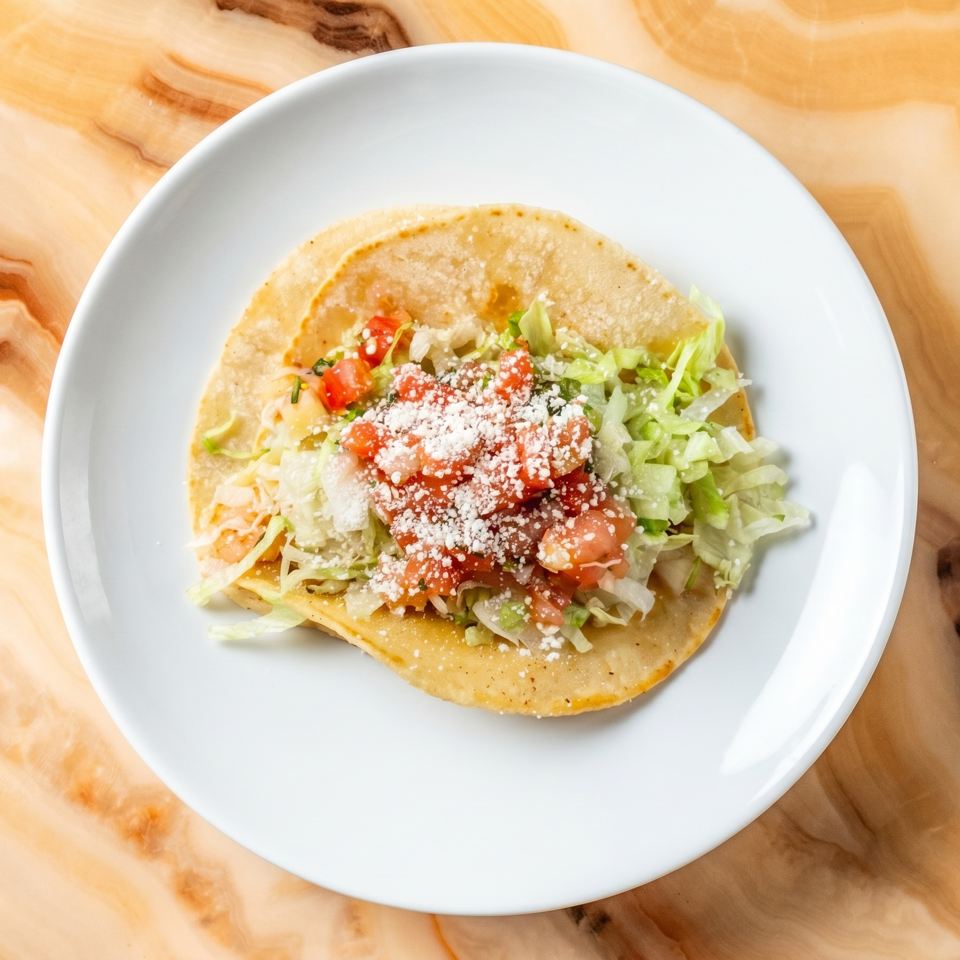 A single taco on a white plate, topped with lettuce, diced tomatoes, and cotija cheese.